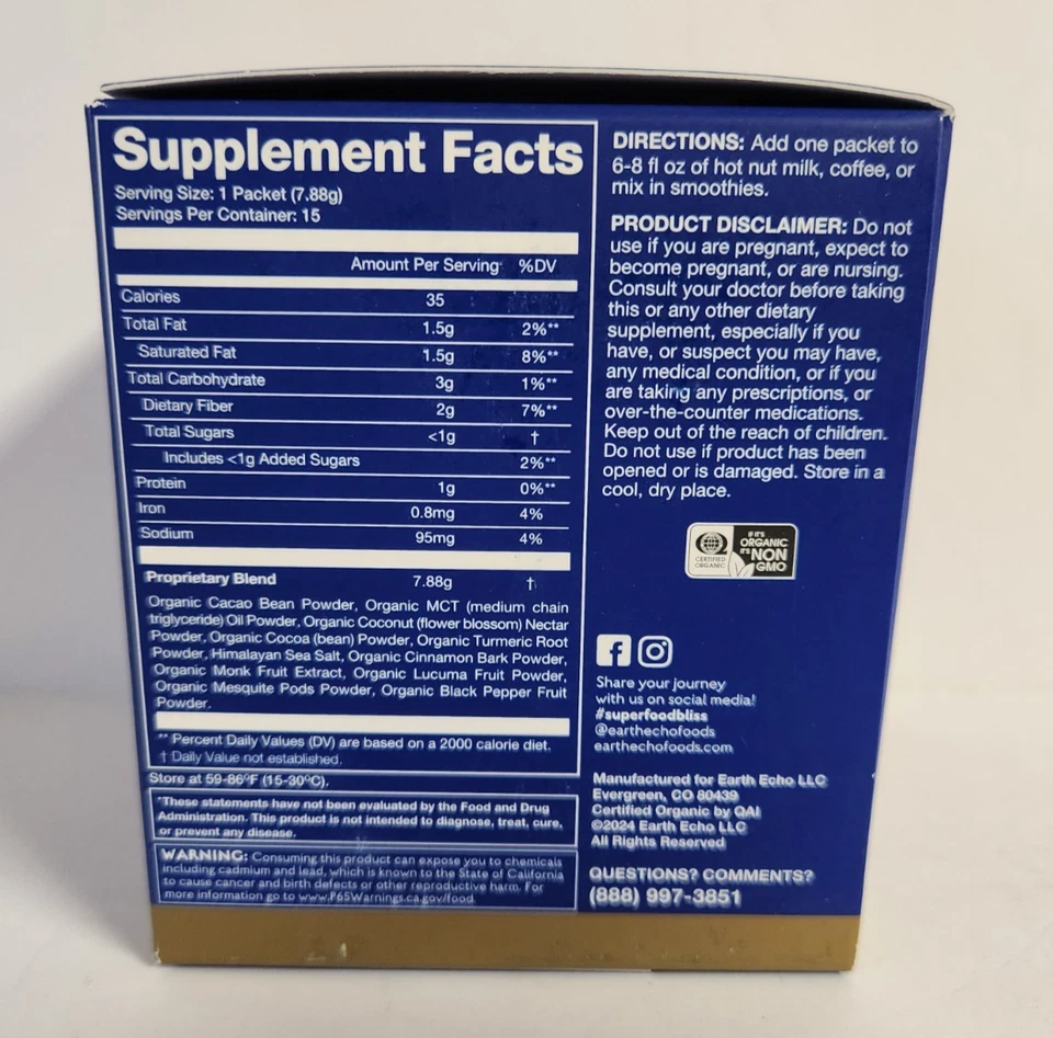 Earth Echo Cacao Bliss 15 paquetes mezcla de superalimentos nuevos en caja caducidad 02/2027 Foto 2 de 4