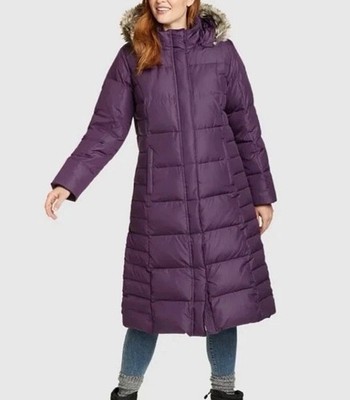 Eddie Bauer Womens Lodge Down Parka Duffle Coat Hooded  Long Large Eggplant