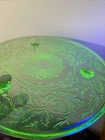 The Shaggy Rose 10" Cake Plate Green Floral Depression Glass Uranium Magnesium