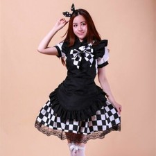 Abito Giapponese Lolita Volant A Quadri Con Fiocco Costume Da Cameriera Cosplay