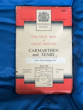 OS Ordnance Survey One Inch Cloth Map, of Carmarthen & Tenby  Sheet 152, 1952