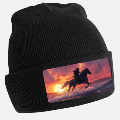 Ninja Riding Horse Print Black Beanie Hat Unisex Cotton
