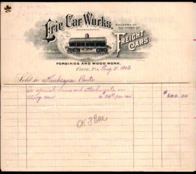 1903 Pa - Erie Car Works - Freight Cars - Wood Work - Rare Letter Head Bill