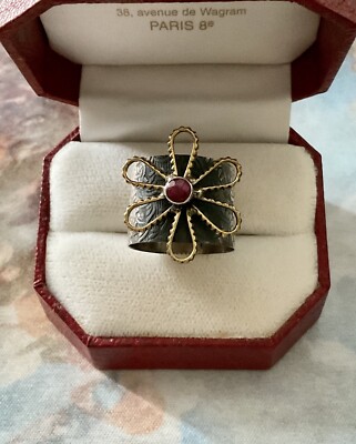 ECHTER ALTER RUBIN BREITER RING BLUME SILBER, VERMEIL, SEHR GEARBEITET