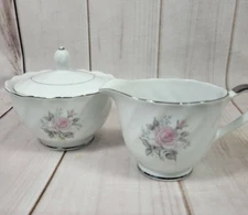 Vintage Empress China Rosita Sugar Bowl Creamer Tea Coffee Set Rose Swirl Silver