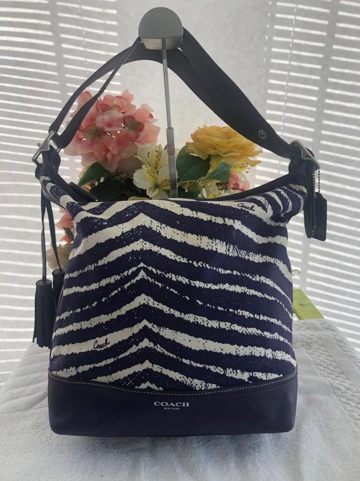 Bolso de Lona Coach Legacy Estampado Cebra Cremallera 23410 Marino Púrpura Blanco (PU700