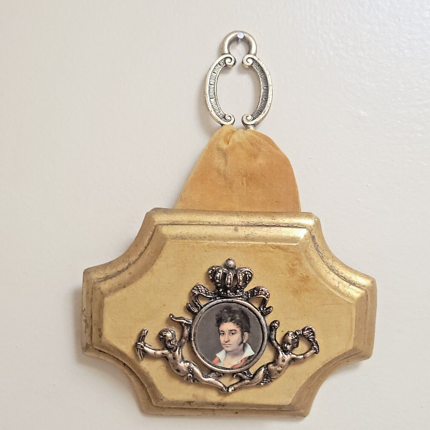 MCM Jaru Plaster & Gold Velvet Art Plaque With Cupids & Portrait Medallion