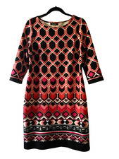 Nine West Geometric Pattern Dress, Women Size 12, Black, White, Pinks, Red