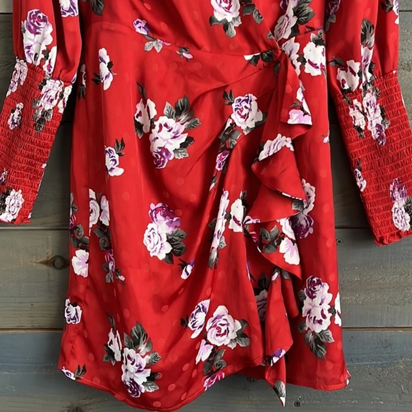 VETEMENTS WAYF Mini Abito Rosso Rose Ruffle Avvolgente Maniche Lunghe a Sbuffo XS