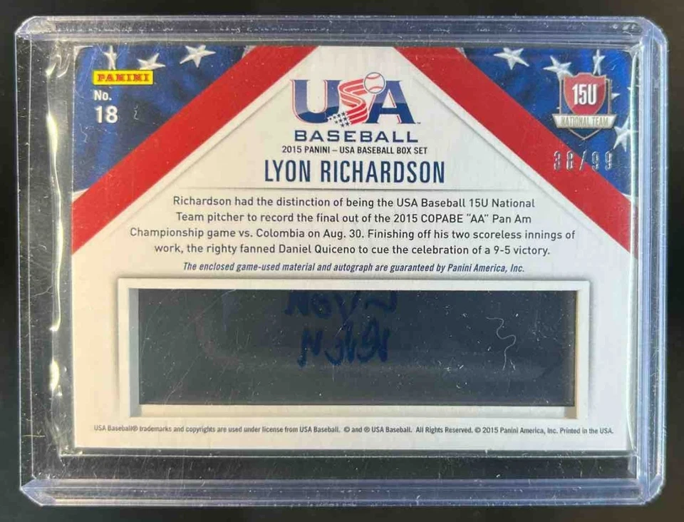 2015 Elite Extra Edition Lyon Richardson USA Baseball 15U Signatures Auto #38/99 - Image 2 of 2