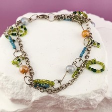 Silver Tone Multichain Charm Bracelet Green Blue Glass Beads Boho Whimsy Y2K