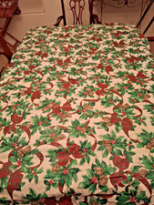 Christmas Pine Green  Red Plastic Tablecloth with Flannel Backing 52" W X 88" L