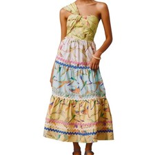 $275 NWT FARM Rio Anthropologie One Shoulder Maxi Hummingbird Dress Cotton MED