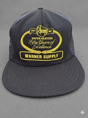 Vintage Hat Cap Snapback Trucker Mesh Blue RHEEM WATER HEATER 50th Anniversary