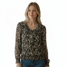 Charter Club Leopard Chiffon Ruffle V-Neck Long Sleeve Blouse Top Size Medium