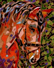 Original painting on board, HORSE, animal, 8"x 10", signed, cubism