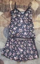 Womens Large 2 piece SHORT SLEEPWEAR SET- BLACK FLORAL- with Spaghetti straps