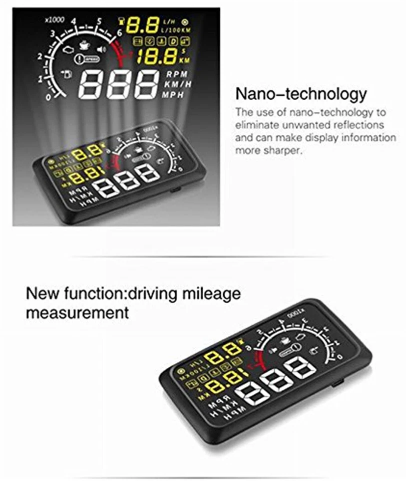5.5" OBD II OBD2 Car HUD Head Up Display Engine Speed KPH MPH Alarm RPM Refuel Foto 3 de 4