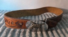 Vtg Leather 24" Boys Belt  Buckle " I Rode The Bull " Dun Dee "CHRIS" Stamped
