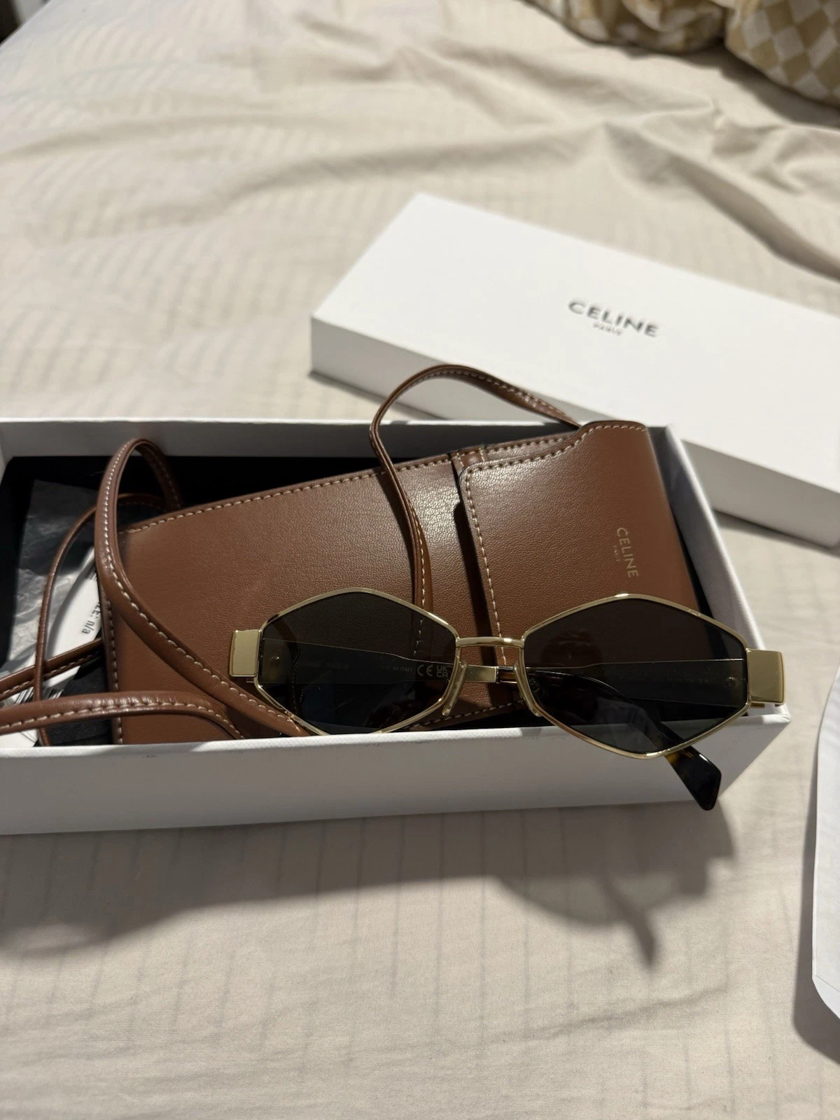 Celine — CELINE Triomphe Hexagon Sunglasses gold frame w/ leather phone pouch and strap