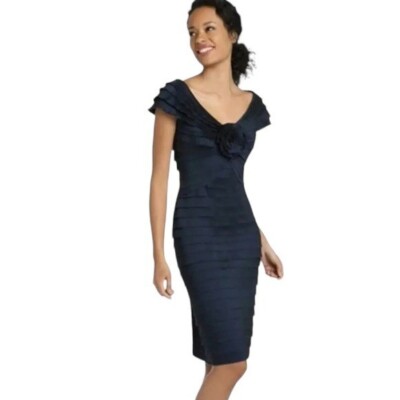 Tadashi Shoji Size 4 Petite Flower Statement Piece Ruffle Pleated Dress in  Blue | eBay
