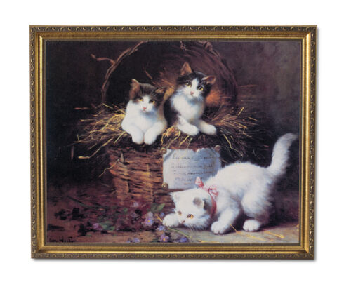 Kitty Cat Kitten Basket Flower Wall Picture Gold Framed Art Print