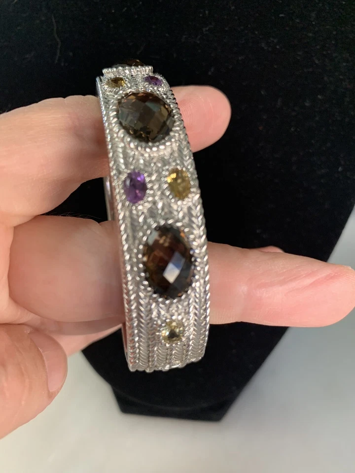 Judith Ripka Bracelet Hinged Cuff Sz 7.5" Smoky Quartz Amethyst Sterling Silver - Image 2 of 4
