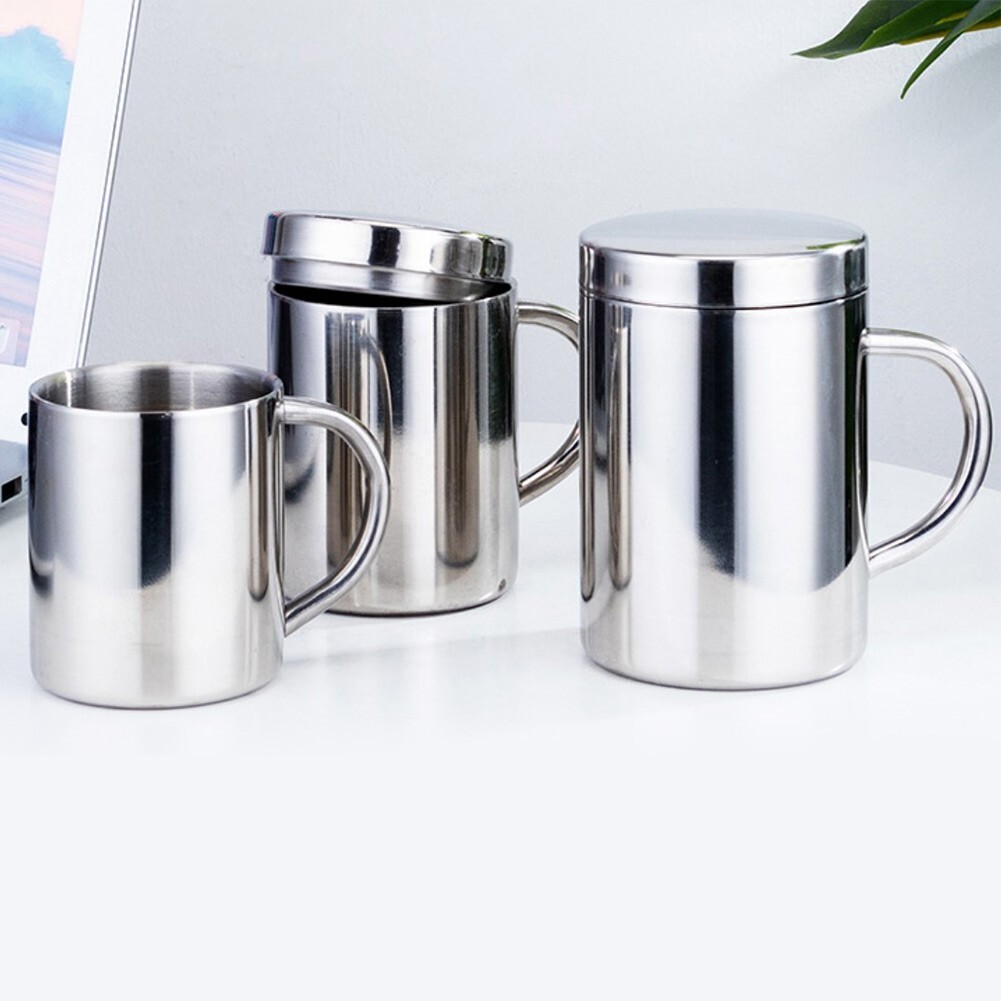 Coffee Mug Double Wall Insulated Thermal Elegant Silver Stainless Steel