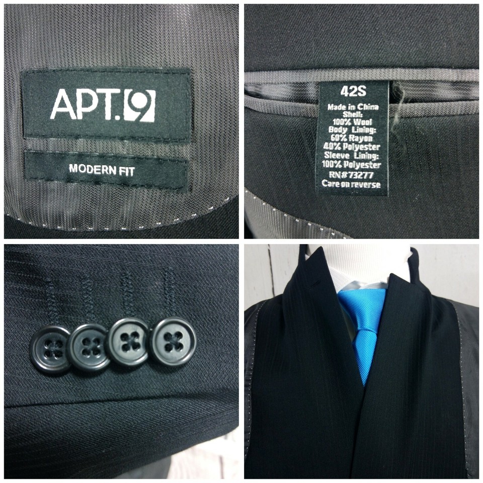Apt. 9 Modern Fit 42S 2 Button Black Striped 2pc Suit 33x30 Flat Front