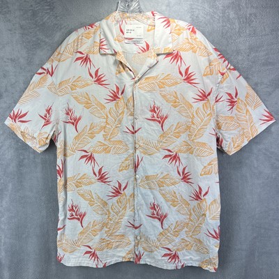 Zara Man Shirt Adult Medium White Orange Red Hawaiian Relaxed Button Up Camp SS