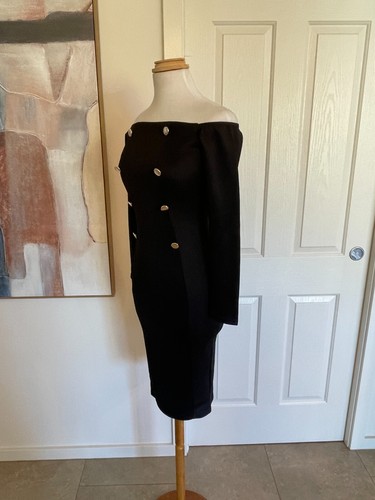 Womens Dress Boohoo Lydia Double Breasted Off The Shoulder Midi Black - Size 12 - Picture 11 of 18
