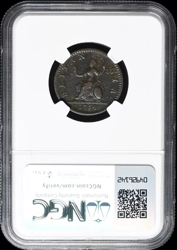 GREAT BRITAIN. King George II, 1754 AD England Farthing 1/4p 1727-1760, NGC VF - Image 4 of 4
