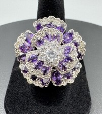 Silver Tone Purple  White Crystal Flower Bold Statement Cocktail Ring Size 7
