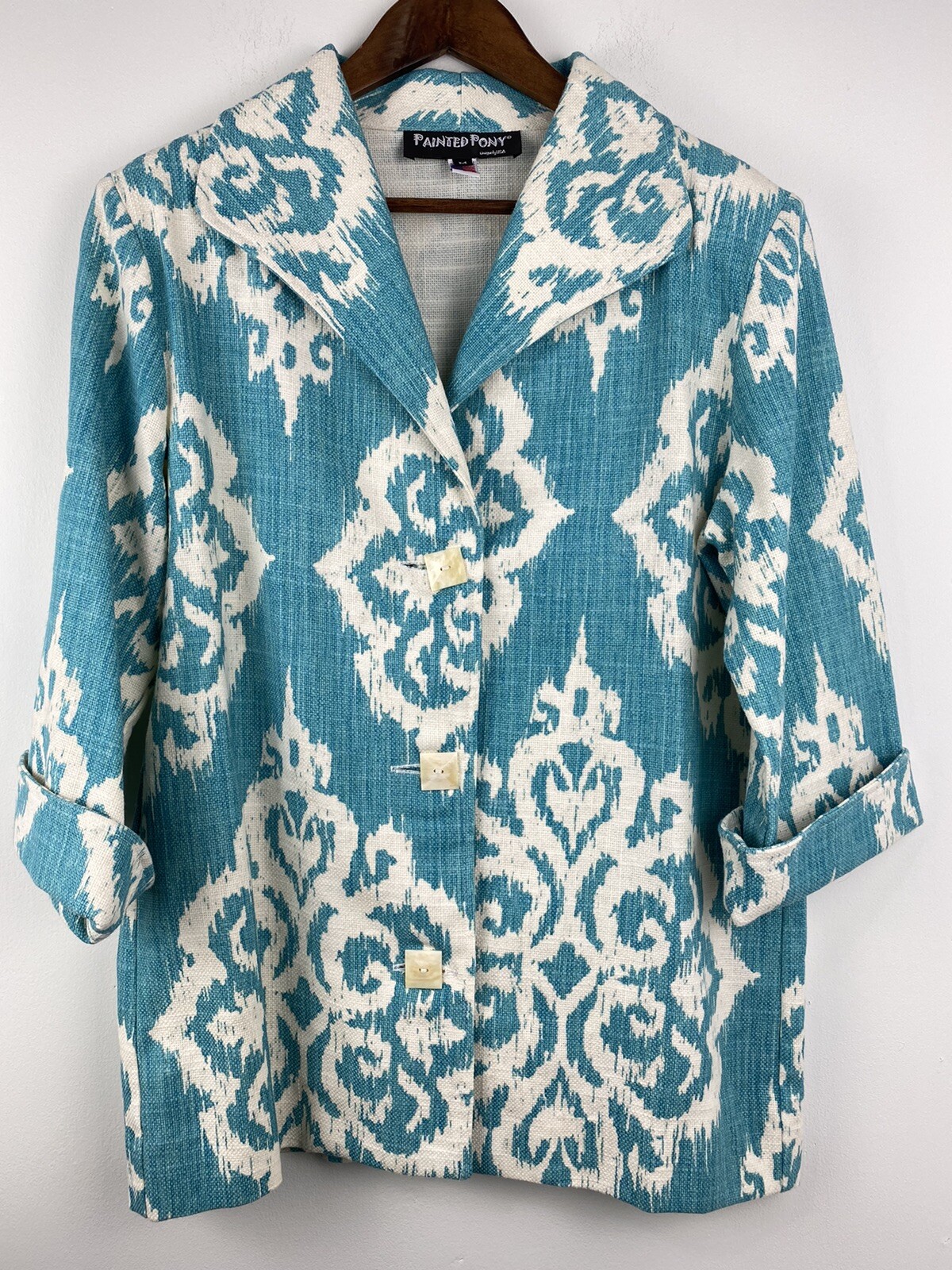 Giacca blazer damascato donna blu acqua e bianco vintage dipinto pony taglia media