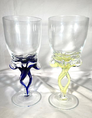 Jozefina Krosno Cobalt Blue & Yellow Art Glass Hand Blown Wine Glass Goblet Set