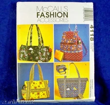 McCall's 4118 Quilted Handbags Pattern 4 Designs Creative Sewing Pattern Uncut