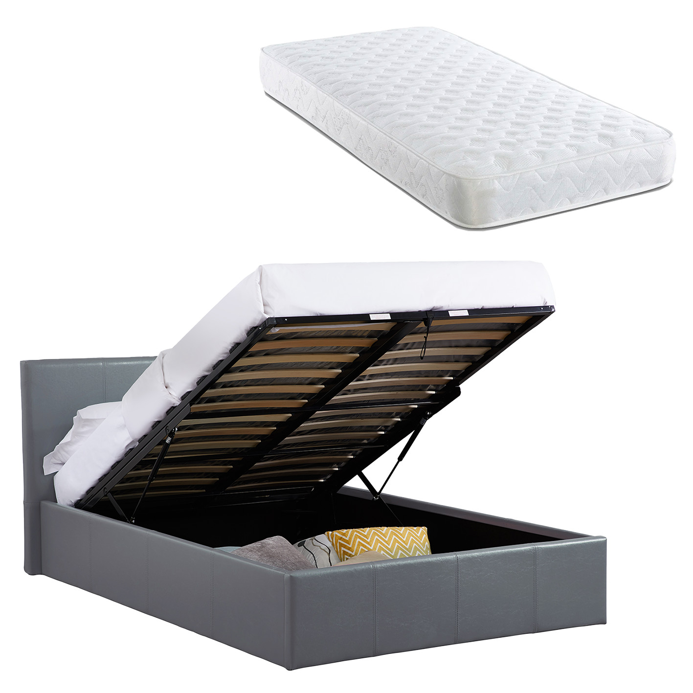 Single 3FT Ottoman Bed Grey Faux Leather + Sprung Mattress LUNA