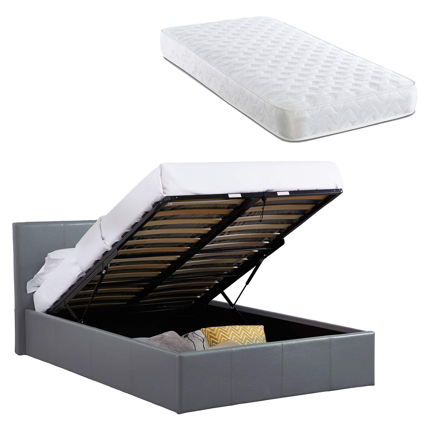 Single 3FT Ottoman Bed Grey Faux Leather + Sprung Mattress LUNA
