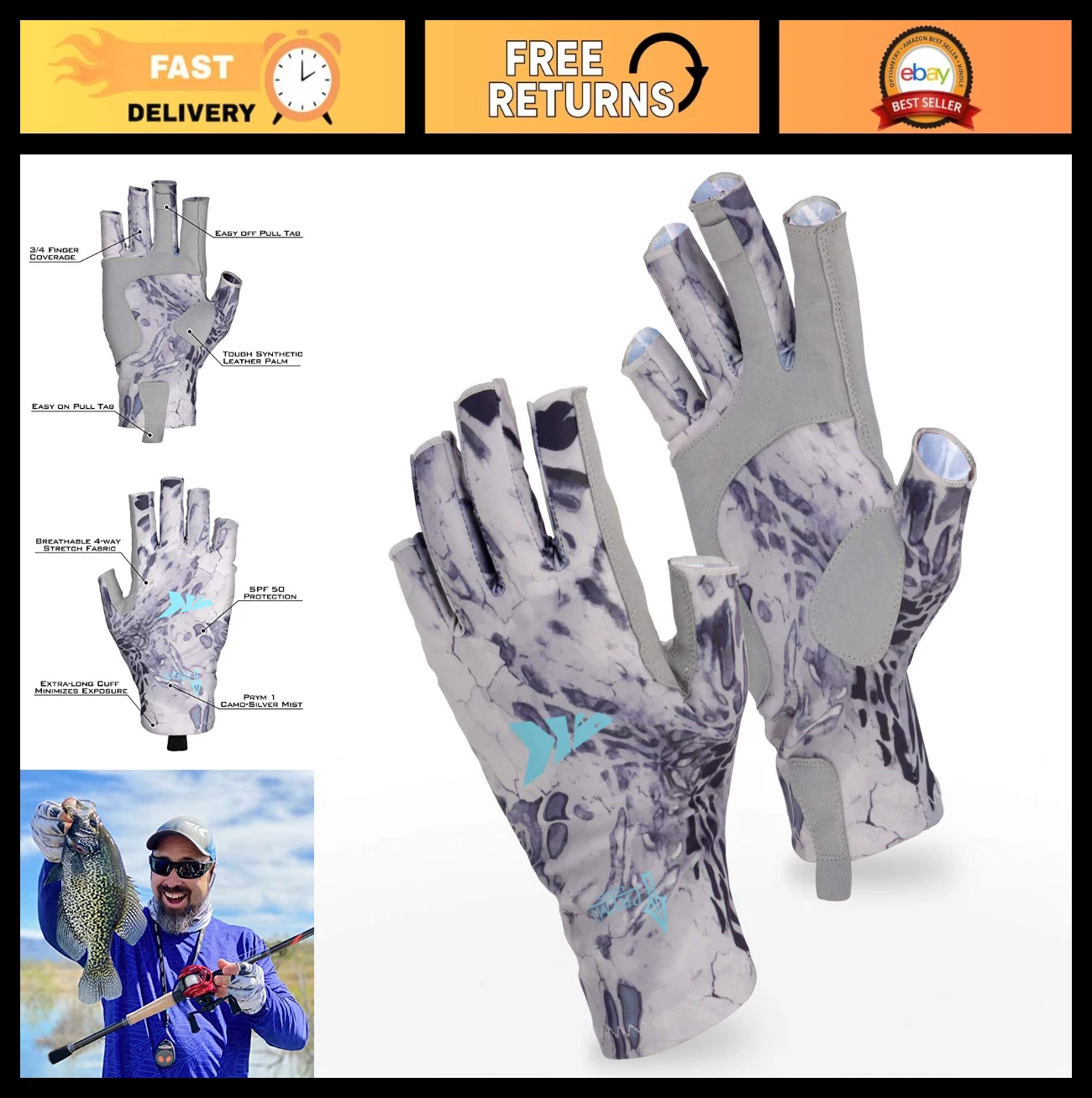 UPF50+ Sun Protection Fishing Gloves - UV Protection for Outdoor, Kayaking, Rowi