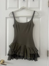 Zara Olive Pleated Layered Mini Dress Square Neck Strappy Sleeveless Zip XS