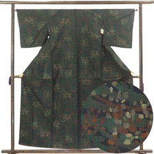 Recycled Silk Tsumugi Kimono, Black Floral Oshima, Lined, M