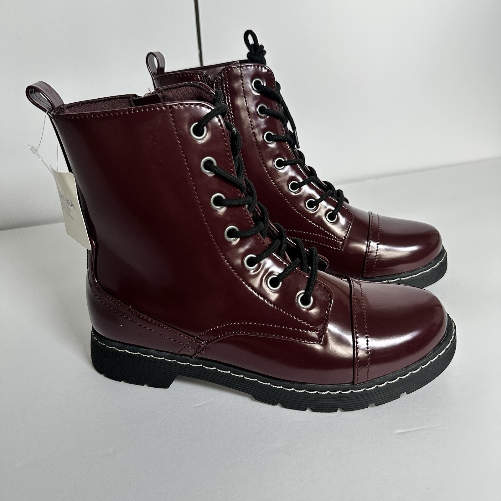 SAOLA Stivali da combattimento Arizona Queen bordeaux lucido sangue di bue suola grossa stringati moto motociclista