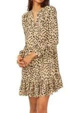 Vince Camuto Leopard Print Long Sleeve Tiered Dress NWT Size M Khaki Boho