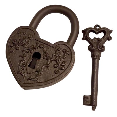 Vintage-Style Heart Padlock with Skeleton Key Cast Iron Lock Decor