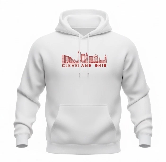 Unisex Size Large Oversized Custom Embroidered Cleveland Skyline Hoodie - White