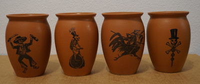 EL Espolon Tequila Cantarito Clay Cocktail Cup Mugs Skeletons Set of 4 BRAND NEW