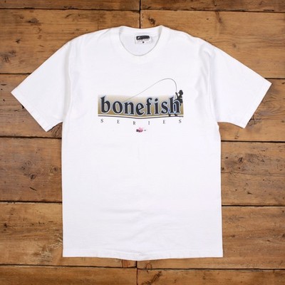 Vintage Fly By Night T-Shirt L Herren 90S Bonefish weiß Angeln Grafik hergestellt in den USA
