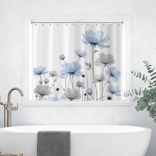 Blue Floral Shower Window Curtains, Blue and Grey Watercolor Flowers Bathroom...