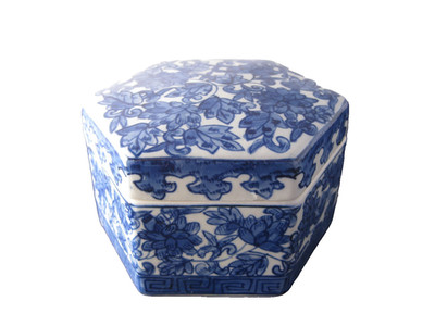 Vintage Chinese Nan Jing Road Hand Painted Blue and White Porcelain Trinket Box