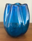 Vintage Murano Style Cobalt Blue Art Glass petal Vase Hand Blown Crimped Rim